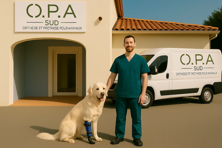 Prothésiste animalier OPA SUD en déplacement avec un chien avec prothèse devant le local à Fos-sur-Mer