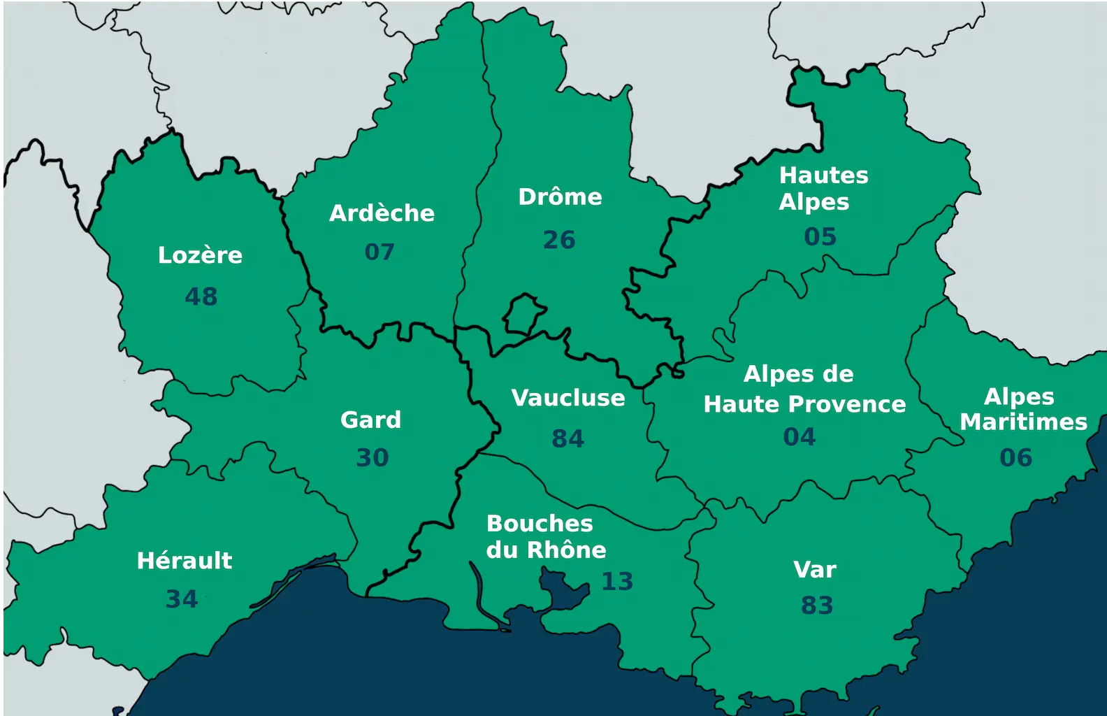 Carte des départements desservis pour les prothèses animales par OPA SUD dans le Sud-Est
